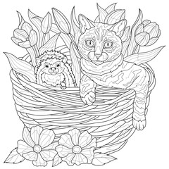 A cat and a hedgehog in a basket with tulips.Coloring book antistress for children and adults. 