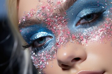 Expressive makeup in blue tones with pink glitter