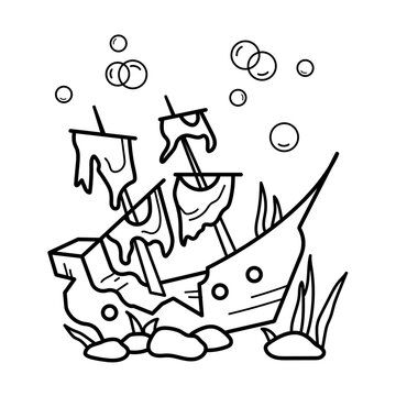 Shipwreck. Coloring page, coloring book page. Black and white vector illustration.