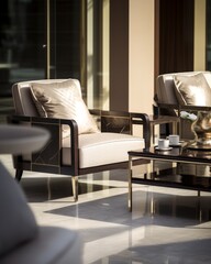 Fototapeta premium modern contemporary sofa armchair leather furnish material living room closeup living room design with light sun shade high contrast image house beautiful ideas concept