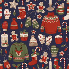 Seamless pattern with Christmas decorations, clothes, drinks and desserts. Hygge time. Perfect for wrapping paper, packaging design, seasonal home textile, greeting cards and other printed goods
