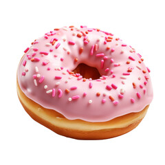a donut decorated with pink icing with sprinkles, isolated