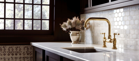 Sunlit kitchen corner with gold faucet pouring into a marble sink. White tiles gleam beside a vintage window, with a decorative cabinet base and vase of flowers adding charm 