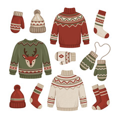 Hand drawn illustrations of winter knitted clothes and accessories. Hygge time. Perfect for stickers, wrapping paper, seasonal packaging design, posters, greeting cards and other printed goods