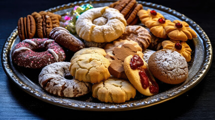 A plate of Christmas cookies in various shapes and colors.