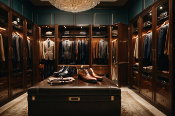 a photo of a interior of a luxury male wardrobe full of expensive suits, shoes and other clothes. Generative AI