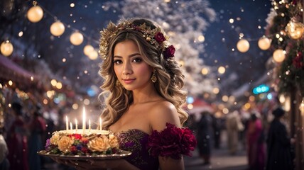 Obraz na płótnie Canvas Birthday Princess with a Cake, New Year's Eve Party in Background, 2024 New Year Celebration 