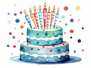 Cute colored watercolor birthday cake with candles  illustration on white background