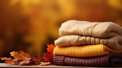 stack of knitted sweaters on autumn background, generative ai - obrazy, fototapety, plakaty
