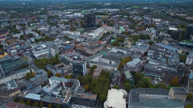 Aerial view around the old town of Essen in Germany on a cloudy autumn day