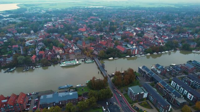Aerial view around the old town of Leer in Germany on a cloudy autumn day