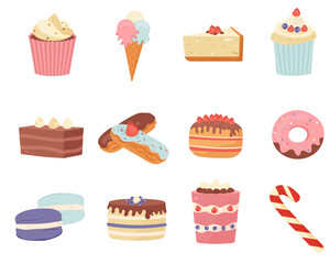 Set of different sweets on a white background, confectionery