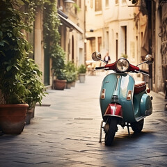 Vintage vespa moped parked in an old Italian town on stone road - obrazy, fototapety, plakaty