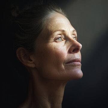 close up portrait of a mature natural woman profile with fine lines and sun in her face