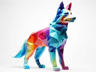 A colorful dog standing on a white surface