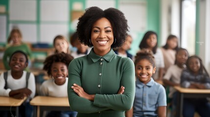Portrait of smiling black female teacher in a class at elementary school looking at camera with learning. generative ai - Powered by Adobe