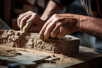 Wood carving, ancient crafts. hand of a carpenter working with wood