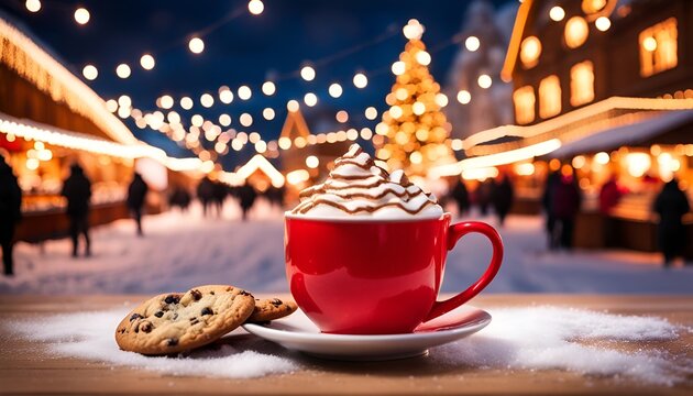 Chocolat chaud tasse rouge marché de noel