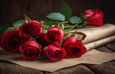 red roses on wooden background