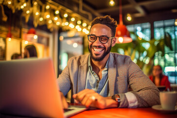 Obraz premium A young man works on a laptop using the Internet in a cafe and smiles.