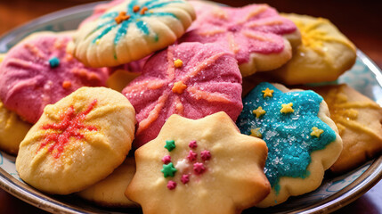 Fototapeta na wymiar A plate of freshly baked sugar cookies with colorful icing.