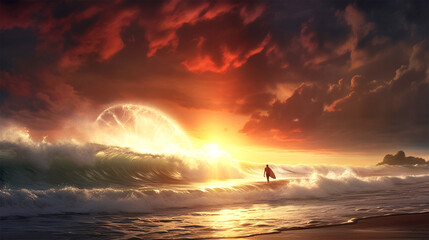 surfer going into the waves at sunset
