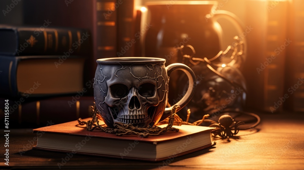 Poster a skull mug sitting on top of a wooden table next to a stack of books and a chain of books on top of
