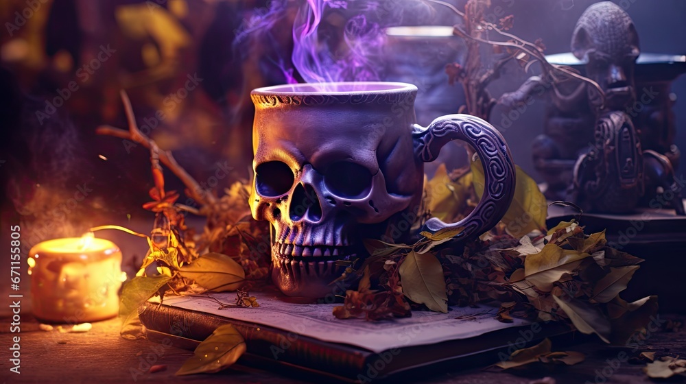 Poster a skull mug sitting on top of a book next to a candle and a candle holder with a skull on top of it 