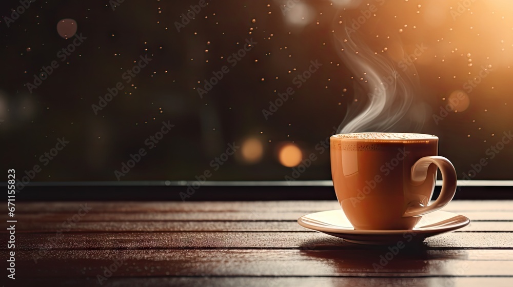 Poster a cup of coffee with steam rising out of it on a saucer on a wooden table in front of a window with 