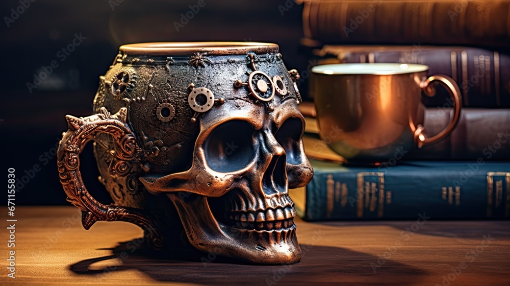 Poster a skull mug sitting on top of a wooden table next to a stack of books and a golden cup on top of a w