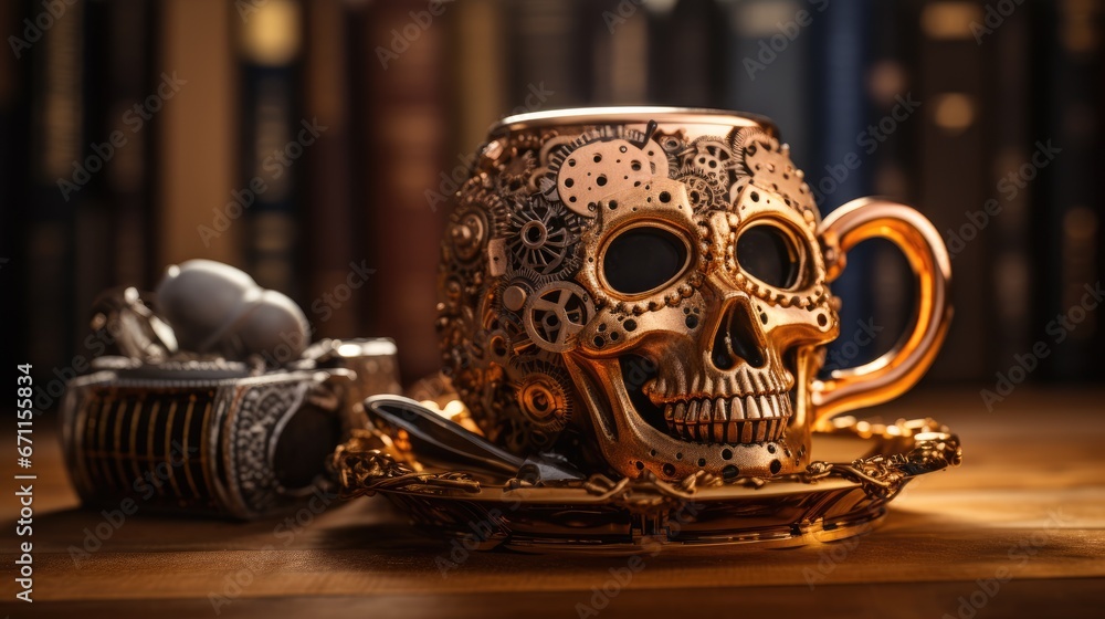 Aufkleber a golden skull mug sitting on top of a wooden table next to a pair of scissors and a cup with a stea