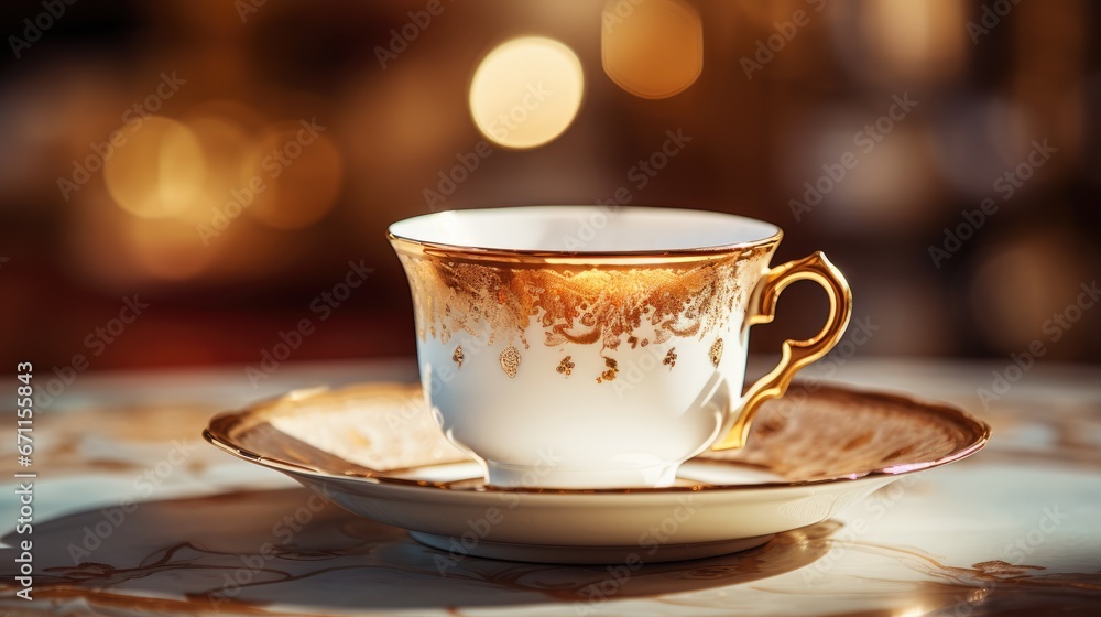Poster a coffee cup sitting on top of a saucer on top of a saucer on top of a saucer on top of a counter to