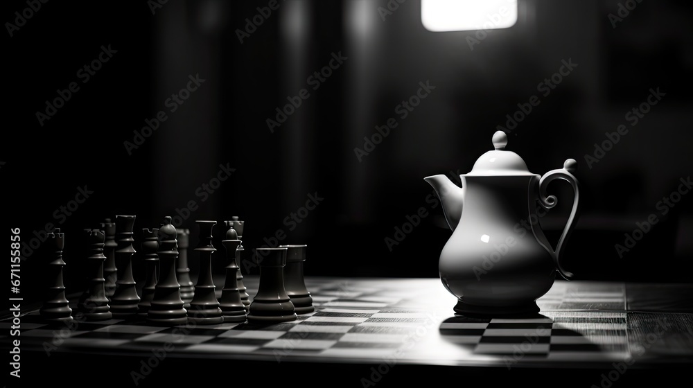 Poster a black and white photo of a chess board with a teapot and pieces of chess on the board and a light 