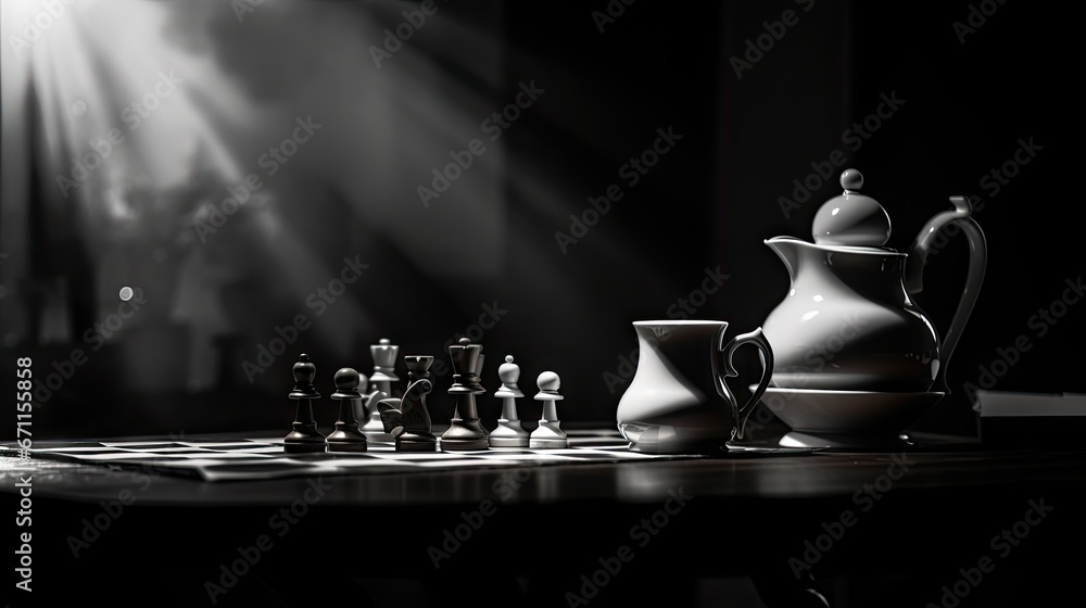 Poster a black and white photo of a chess board with a tea pot and a set of chess pieces in front of a wind
