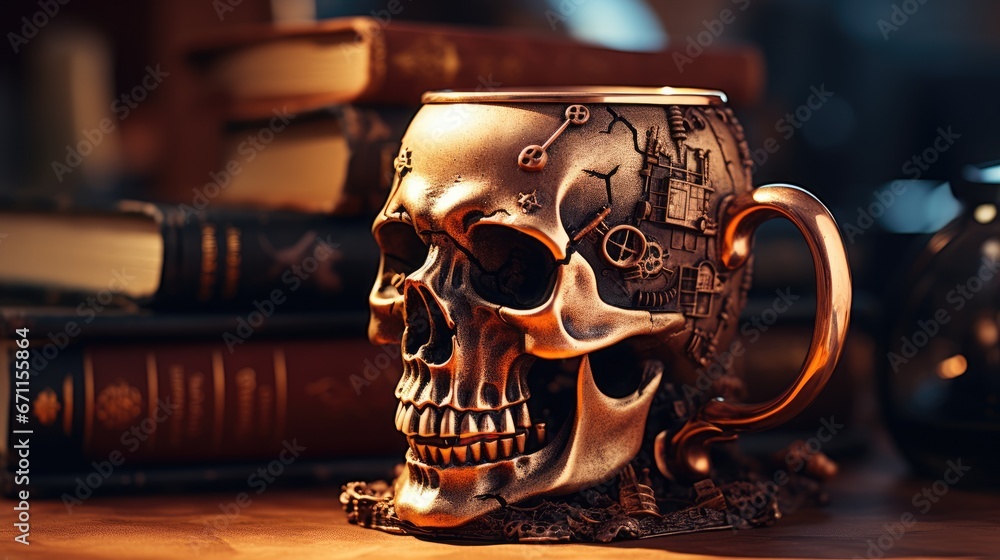 Poster a golden skull mug sitting on top of a table next to a stack of books and a coffee mug on top of a t
