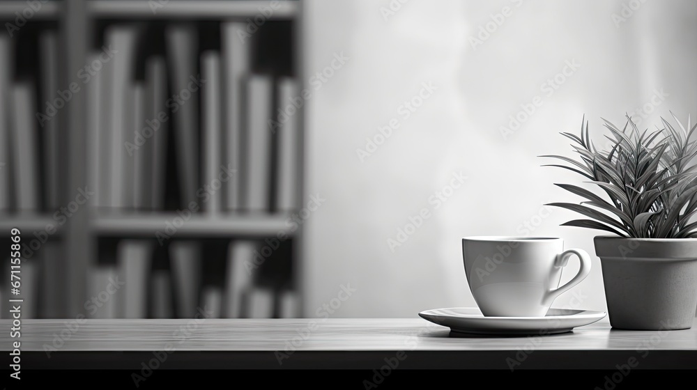 Poster a black and white photo of a coffee cup and saucer on a table in front of a bookshelf with a potted 