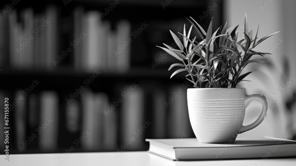 Aufkleber a potted plant sitting on top of a book on top of a table in front of a bookshelf with a book on the