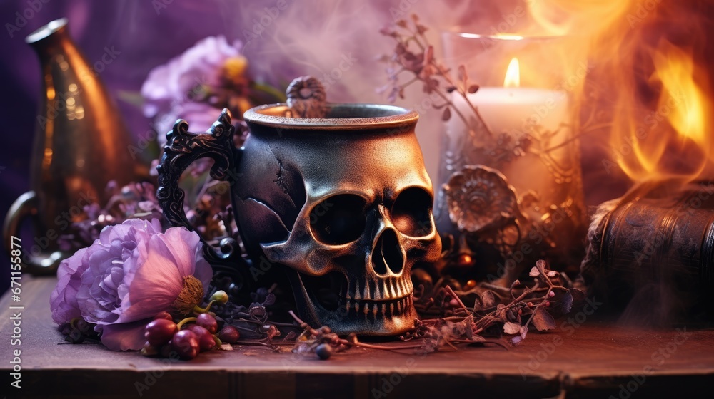 Poster a skull sitting on top of a table next to a candle and a vase with a skull on top of it next to a bu