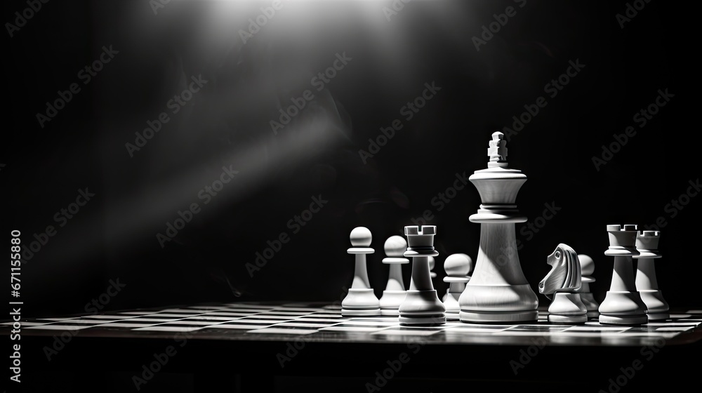 Poster a black and white photo of a chess set on a checkered board with a bright light coming from the top 