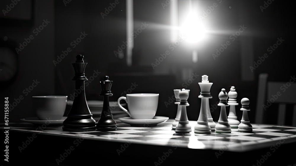 Poster a black and white photo of chess pieces on a chess board with a light shining on the other side of t