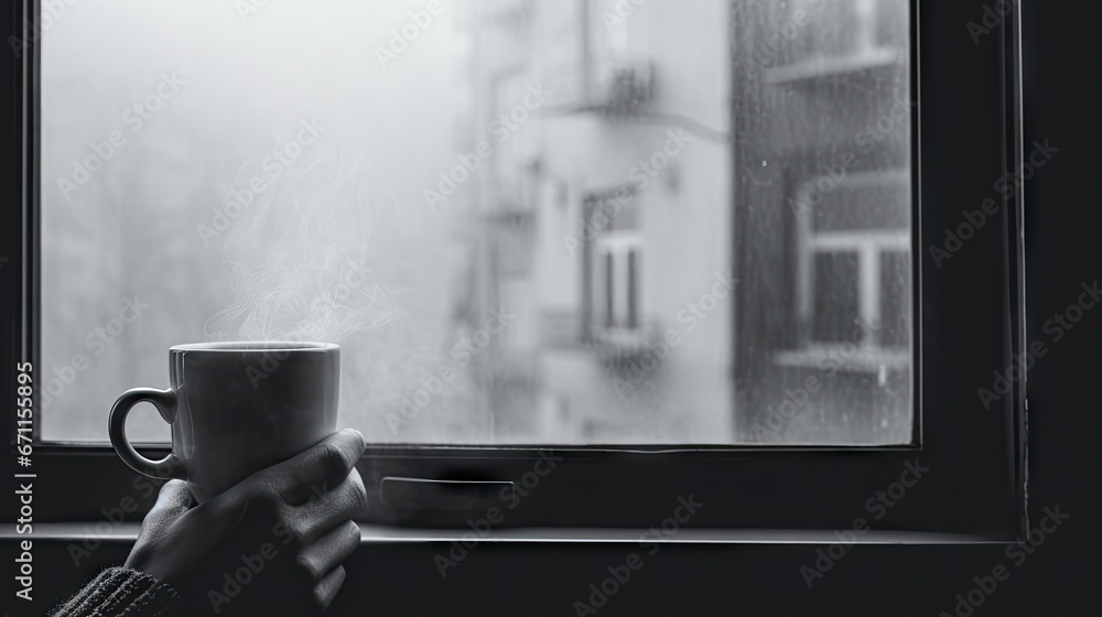 Aufkleber a person holding a cup of coffee in front of a window with a view of a building on a foggy day in a 