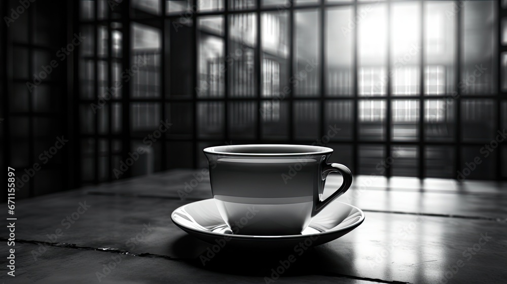 Poster a black and white photo of a coffee cup on a saucer with a saucer on a saucer on a table in front of