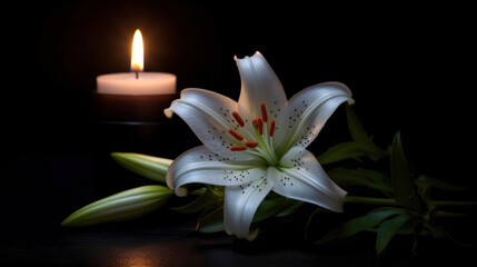 a Beautiful lily and burning candle on black background.