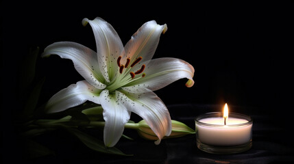 Obraz na płótnie Canvas a Beautiful lily and burning candle on black background.