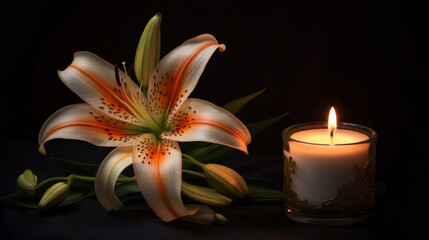 a Beautiful lily and burning candle on black background.