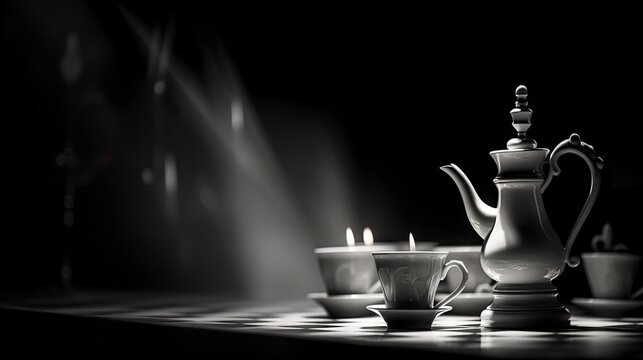  a black and white photo of a tea set on a checkered tablecloth with a lit candle in the middle of the tea pot and a teacup in the foreground.  generative ai
