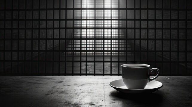  a black and white photo of a coffee cup on a saucer in front of a jail cell with bars on the side of the wall and light coming through the window.  generative ai