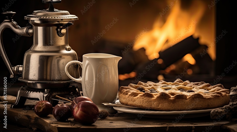 Poster a pizza sitting on top of a table next to a cup of coffee and a coffee pot on top of a table with a 