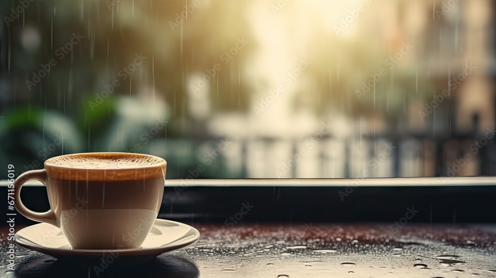 Aufkleber a cup of coffee sitting on top of a saucer on top of a table in front of a window with rain drops on