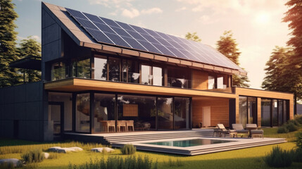 A house with solar panels on the roof. Concept of Sustainable and clean energy at home.